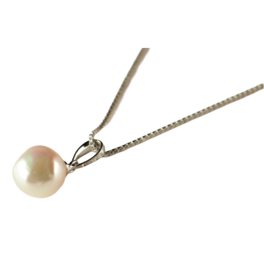 Single Japanese Baroque Pearl Necklace with Adjustable Silver Chain (9 mm) - Natural High-Luster Cultured Akoya Pearl Jewelry Handcrafted in Ainan, Ehime