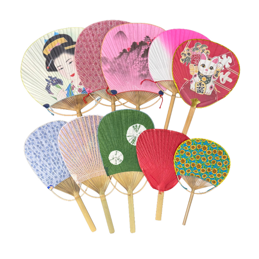 Assorted Set of 10 Traditional Japanese Marugame Uchiwa Bamboo Fans from Kagawa, Japan
