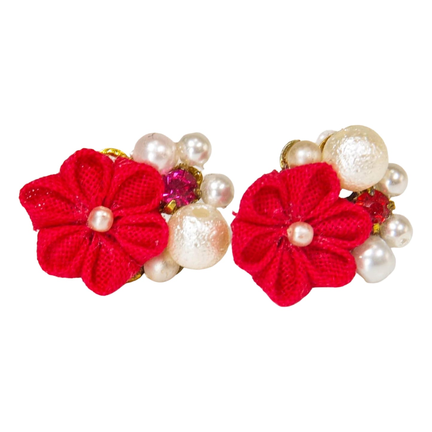 Made in Japan Handmade Fabric Flower Earrings - Traditional Tsumami Zaiku Craft