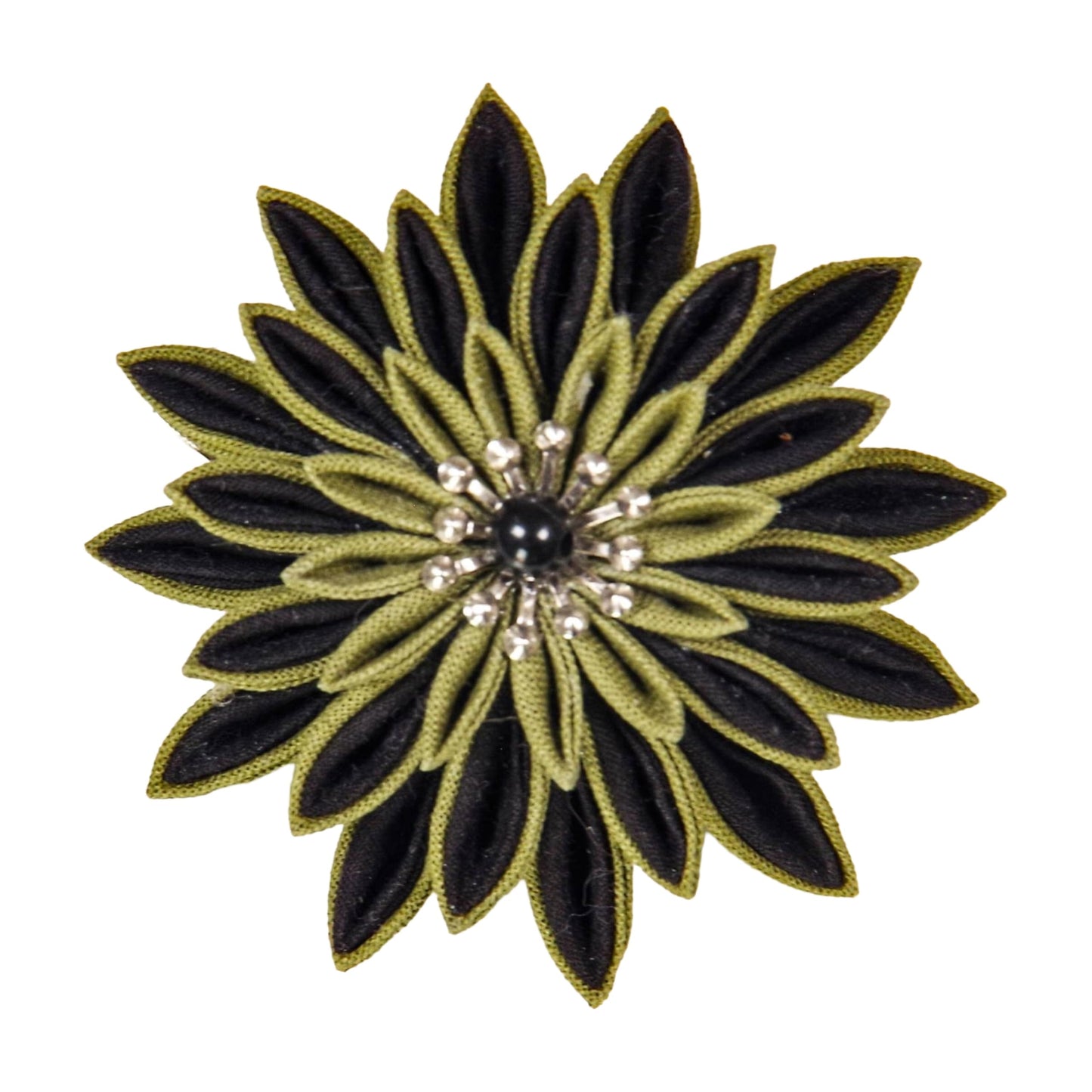 Made in Japan Handmade Fabric Flower Brooch - Traditional Tsumami Zaiku Craft, Sophisticated Dark Green